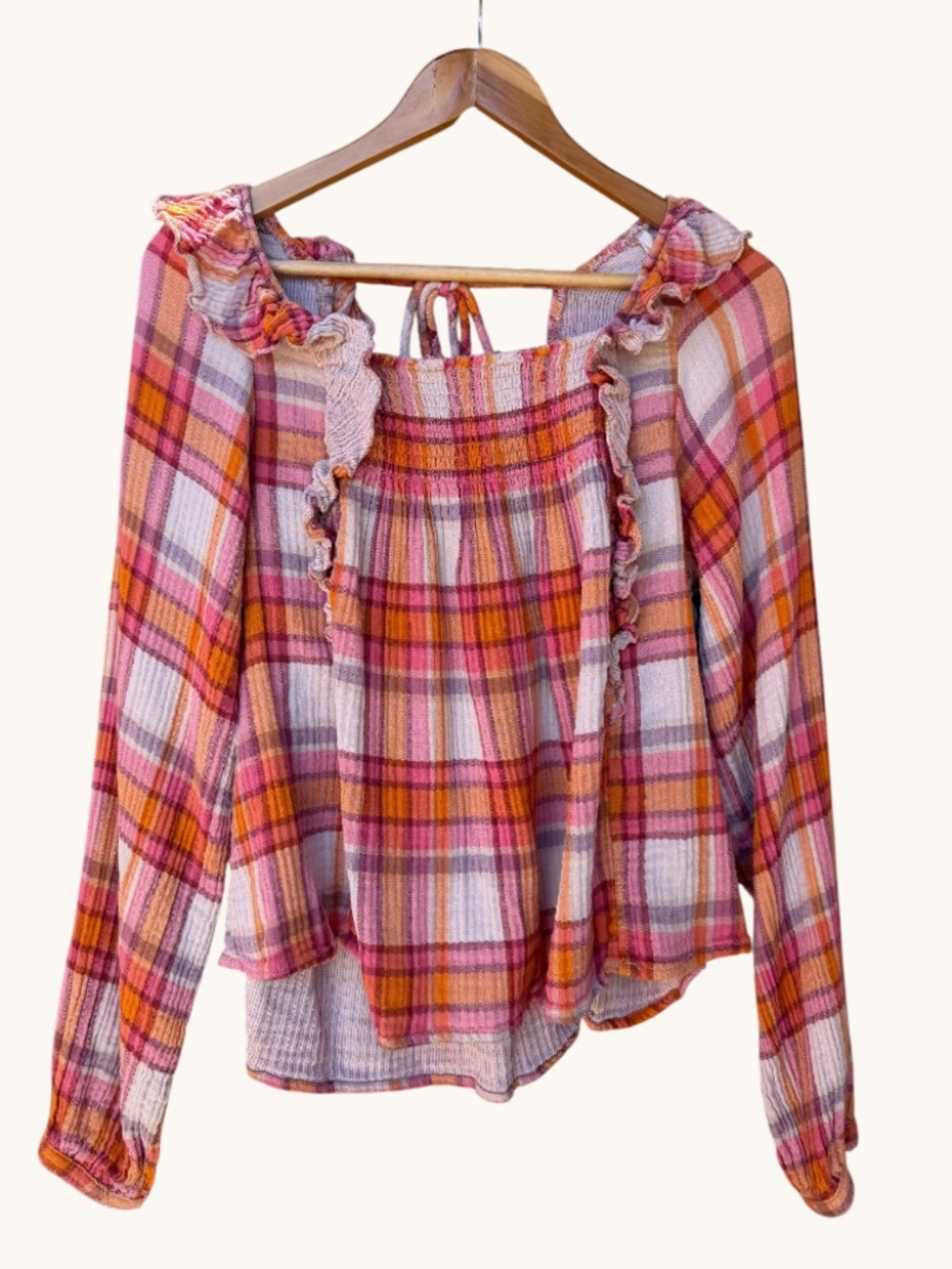 Free People Sienna Plaid Smocked Gauze Crinkle Blouse
